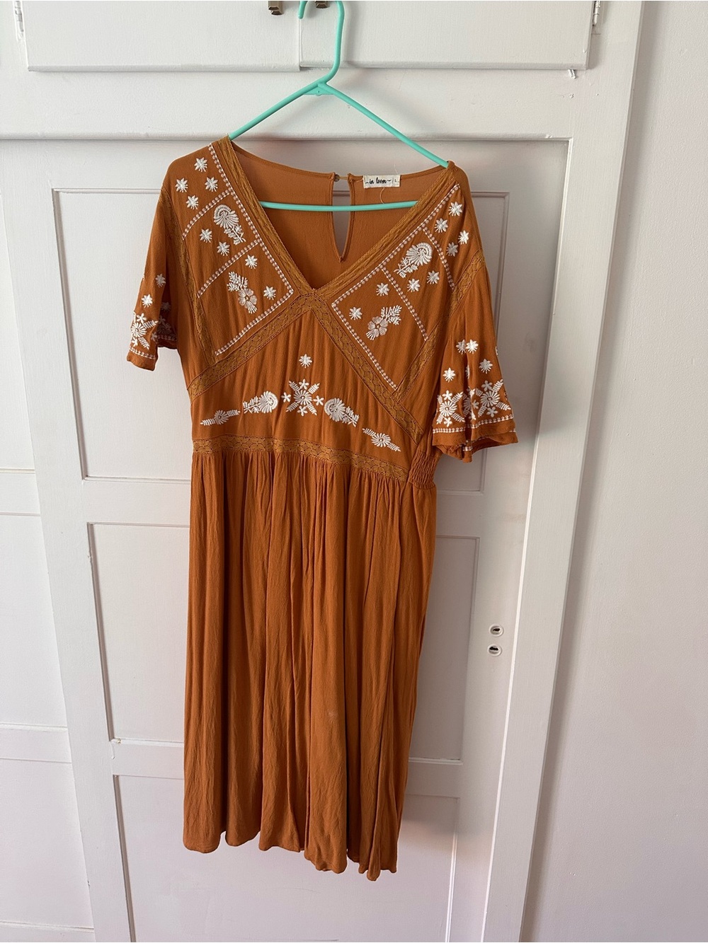 Embroidered Rust Midi Dress with V-Neck